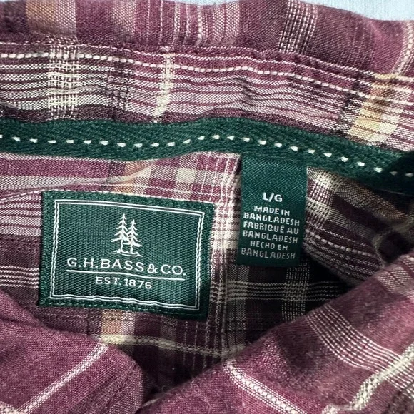 G.H. Bass & Co. Mens Large‎ Burgundy Plaid Button Up Long Sleeve Casual Shirt - Picture 5 of 8